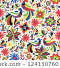 Seamless pattern with animal and floral ornament in the style of Mexican otomi embroidery 124130760