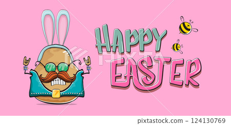 Vector rock star easter potato funny cartoon character with blue easter bunny ears isolated on pink horizontal banner background. rock n roll easter party poster or happy easter greeting card Vector rock star easter potato funny cartoon character with blue easter bunny ears isolated on pink horizontal banner background. rock n roll easter party poster or happy easter greeting card 124130769
