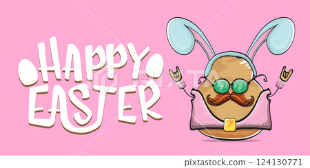 Vector rock star easter potato funny cartoon character with blue easter bunny ears isolated on pink horizontal banner background. rock n roll easter party poster or happy easter greeting card 124130771