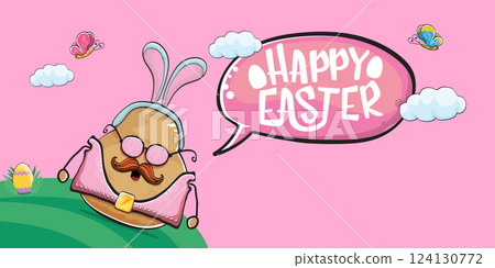 Vector rock star easter potato funny cartoon character with blue easter bunny ears isolated on pink horizontal banner background. rock n roll easter party poster or happy easter greeting card 124130772