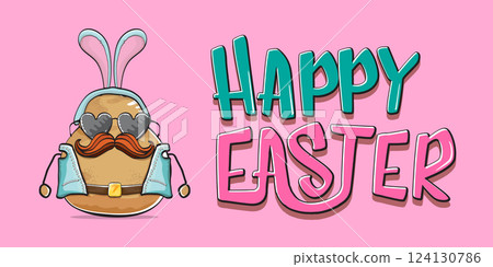 Vector rock star easter potato funny cartoon character with blue easter bunny ears isolated on pink horizontal banner background. rock n roll easter party poster or happy easter greeting card 124130786