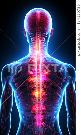 Digitally enhanced medical illustration of human back, highlighting spine cord and nervous system. ideal for medical, healthcare, and neurology-related concepts. 124130789