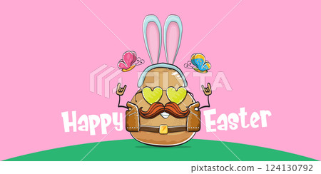 Vector rock star easter potato funny cartoon character with blue easter bunny ears isolated on pink horizontal banner background. rock n roll easter party poster or happy easter greeting card Vector rock star easter potato funny cartoon character with blue easter bunny ears isolated on pink horizontal banner background. rock n roll easter party poster or happy easter greeting card 124130792
