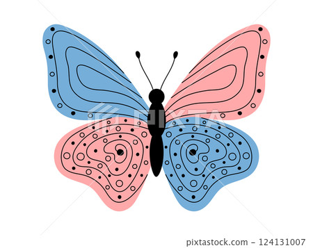 Butterfly with abstract doodle ornament on wings. Whimsical insect isolated vector illustration. Creative colorful butterfly with hand drawn elements on white background Butterfly with abstract doodle ornament on wings. Whimsical insect isolated vector illustration. Creative colorful butterfly with hand drawn elements on white background 124131007
