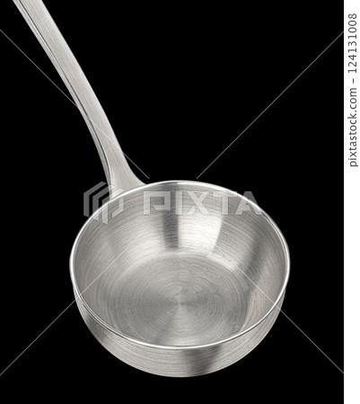 Stainless steel ladle isolated on black background, package design element 124131008