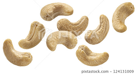 Falling cashew nuts isolated on white background with clipping path, package design element 124131009