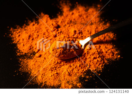 Spoon of turmeric powder isolated on dark background. Vibrant orange color of spice. Powder ingredient for healthy turmeric drink. Detox concept 124131140