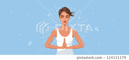Mental health concept. Beautiful young woman meditating on blue background. Mental Health Day. 124131179