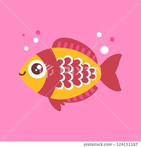 Cute fish with bubbles and pink background. Print for clothes, postcard. Flat illustration. Cute fish with bubbles and pink background. Print for clothes, postcard. Flat illustration. 124131187