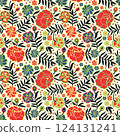 Seamless pattern with animal and floral ornament in the style of Mexican otomi embroidery 124131241