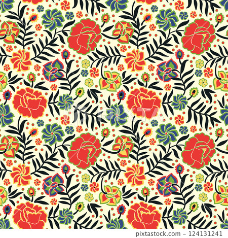 Seamless pattern with animal and floral ornament in the style of Mexican otomi embroidery Seamless pattern with animal and floral ornament in the style of Mexican otomi embroidery 124131241