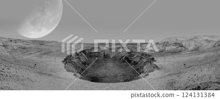 Martian planet landscape with crater, sky and empty desert 124131384