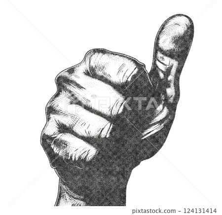 Mens Thumbs Up Hand Illustration with Risograph Overprint and Retro Texture on White Background 124131414