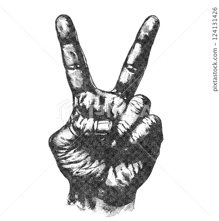 Peace Sign V Hand Gesture Illustration with Risograph Overprint and Retro Texture on White Background 124131426