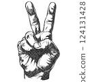 Peace Sign V Hand Gesture Illustration with Risograph Overprint and Retro Texture on White Background 124131428