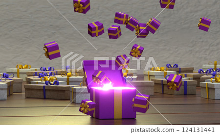 Lots of small gift boxes fly out of the big gift box. 124131441