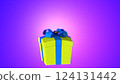 Yellow Gift Box with Blue Ribbon on Glowing Purple Background. 124131442