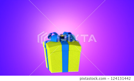 Yellow Gift Box with Blue Ribbon on Glowing Purple Background. 124131442