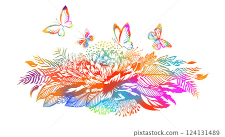 Horizontal floral colored vintage composition with butterflies. hand drawing. Not AI, Vector illustration Horizontal floral colored vintage composition with butterflies. hand drawing. Not AI, Vector illustration 124131489