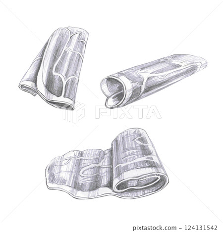 Thinly sliced pieces of meat snack. Isolated pencil illustration of food in realistic style for menu design, restaurant interior, poster printing, kitchen accessories. 124131542