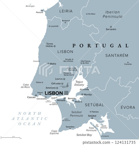 Lisbon Region, gray political map of the urban area and capital city of Portugal, a country on Iberian Peninsula in Europe. Lisbon district with Tagus River Estuary, bordered by North Atlantic Ocean. 124131735