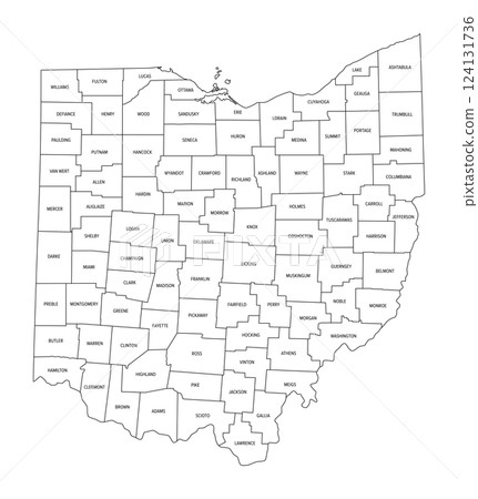 State of Ohio subdivided into 88 counties, outline map. State in the Midwestern region of the United States, nicknamed The Buckeye State, Birthplace of Aviation, and The Heart Of It All. Vector 124131736