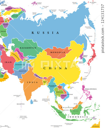 Asia, multi colored political map. Largest continent in the world by land area and population. Map with colored single states, largest islands, labeled with English country names. Isolated vector. 124131737