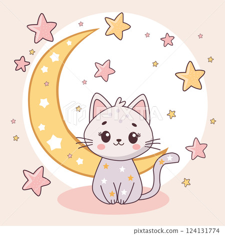 Cute Cat or Kitten with moon and Sparkling Stars. Cute Cat or Kitten with moon and Sparkling Stars. 124131774
