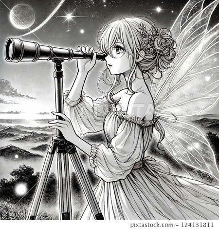 Telephoto lens and woman, fairy, monotone, Generative AI Telephoto lens and woman, fairy, monotone, Generative AI 124131811