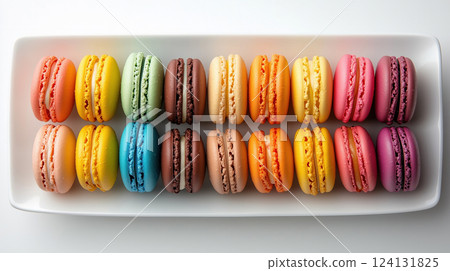Colorful Macarons Neatly Arranged on a White Plate Colorful Macarons Neatly Arranged on a White Plate 124131825