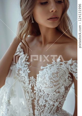 portrait of a beautiful blonde bride in a white elegant floral lace wedding dress, open neckline, outfit, vertical banner, poster for a boutique wedding salon 124131996