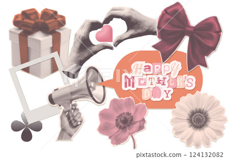 Halftone y2k mixed media art for Mother s Day. Trendy vintage Bullhorn, female hands, flowers, bow, gift box. Banner cut out magazine style. Vector illustration 124132082