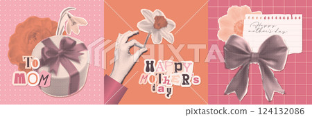 Dotted Halftone collage Mothers Day greeting cards set. Hand holding daffodil, gift box, flowers and bow. Trendy vintage magazine torn out paper mixed media style. Vector illustration Dotted Halftone collage Mothers Day greeting cards set. Hand holding daffodil, gift box, flowers and bow. Trendy vintage magazine torn out paper mixed media style. Vector illustration 124132086