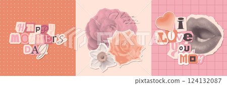 Mother s day square cards set design of dotted halftone flowers, mouth with vintage paper letters. Greetings for best mom retro collage design. Vector illustration Mother s day square cards set design of dotted halftone flowers, mouth with vintage paper letters. Greetings for best mom retro collage design. Vector illustration 124132087