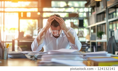 Frustrated office worker drowning in files, business overload. Human buried in documents 124132141