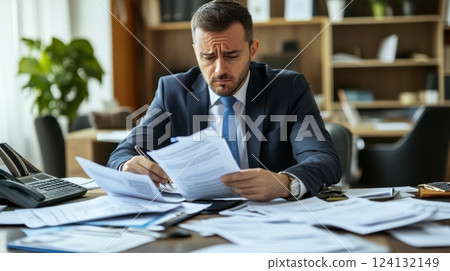 Tired senior buried under a pile of papers, exhausted expression. Human buried in documents 124132149