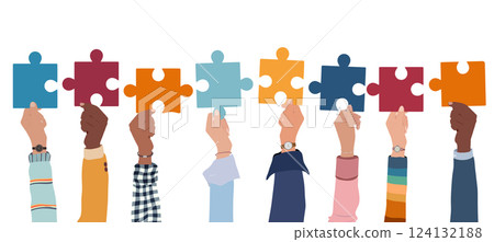 Problem solving concept. Raised hand up of multicultural business women and business men holding a jigsaw puzzle piece. Metaphor.Strategy concept.Joining puzzle pieces.Match.Isolated 124132188