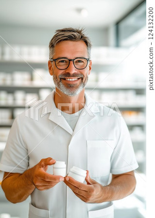 Male pharmacist holding a supplement bottle Male pharmacist holding a supplement bottle 124132200