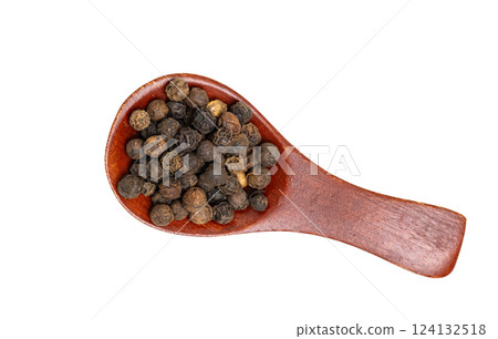different spices in a wooden spoon 124132518