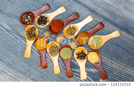 spice mix in wooden spoons spice mix in wooden spoons 124132535