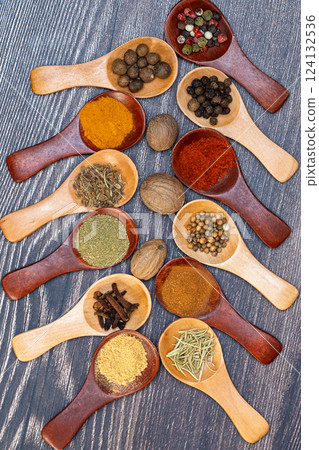 spice mix in wooden spoons 124132536