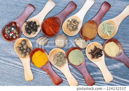 spice mix in wooden spoons 124132537
