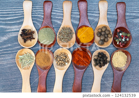 spice mix in wooden spoons 124132539