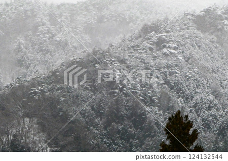 Spring snow falls on Mt. Sangatsuyama in Yayoi Spring snow falls on Mt. Sangatsuyama in Yayoi 124132544