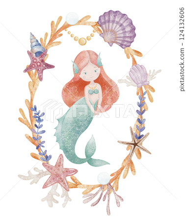 Watercolor illustration of cute Mermaid in a frame with coral, shells, and starfish. Art with underwater princess for nursery poster or baby invitations and greeting cards. Drawing for childish design 124132606