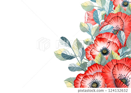 Poppy, bee, leaves, frame, petal, bud watercolor set illustration isolated background, wedding, greeting, invitation card Poppy, bee, leaves, frame, petal, bud watercolor set illustration isolated background, wedding, greeting, invitation card 124132632