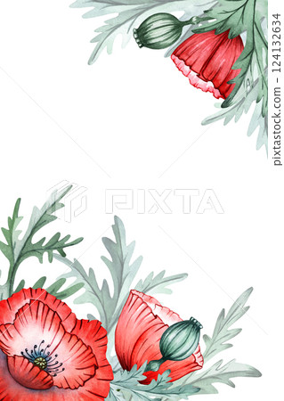 Poppy, bee, leaves, frame, petal, bud watercolor set illustration isolated background, wedding, greeting, invitation card Poppy, bee, leaves, frame, petal, bud watercolor set illustration isolated background, wedding, greeting, invitation card 124132634