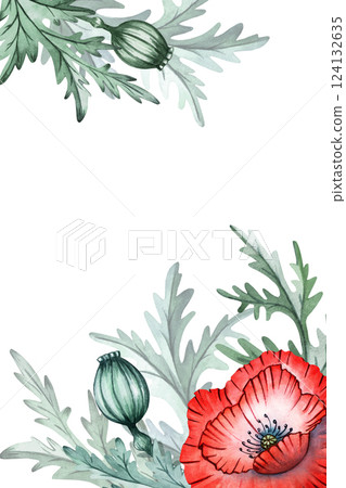 Poppy, bee, leaves, frame, petal, bud watercolor set illustration isolated background, wedding, greeting, invitation card Poppy, bee, leaves, frame, petal, bud watercolor set illustration isolated background, wedding, greeting, invitation card 124132635