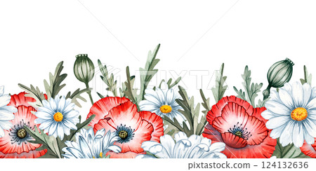 Poppy, bee, leaves, petal, border, seamless, bud watercolor set illustration isolated background, wedding, greeting, invitation card 124132636