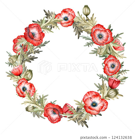 Poppy, bee, leaves, petal, wreath, bud watercolor set illustration isolated background, wedding, greeting, invitation card 124132638